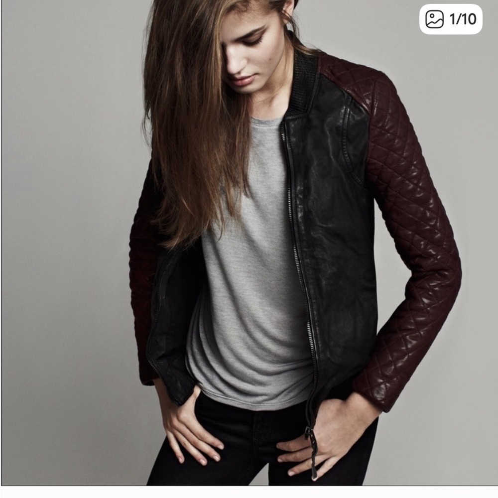 All Saints Women's Black and Dark Brown Leather Bomber Jacket
